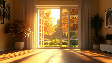 A warm, sunlit room with open doors revealing a vibrant garden.