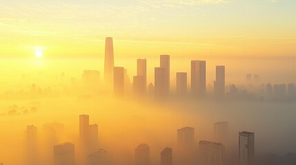 Fototapeta premium Urban skyline silhouette at sunrise with mist, soft warm colors.