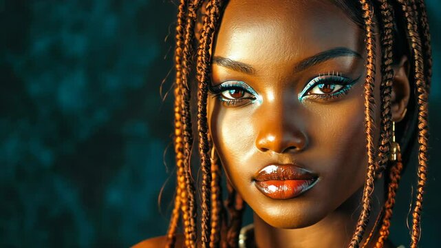 A close-up portrait of a woman with braided hair, looking directly at the camera