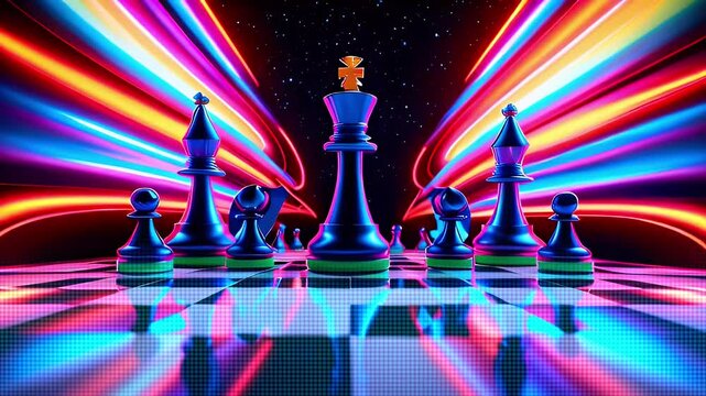 Neon lights illuminate a chessboard with black pieces. The king is in the center, surrounded by other pieces.