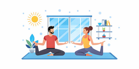 Obraz premium Candid Shot of a Couple Practicing Yoga Together at Home in Natural Light - Perfect for Home Fitness, Wellness Journey, and Mindfulness Promotions