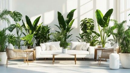 A bright living room featuring lush plants, white furniture, and natural light.