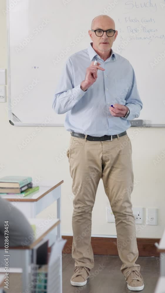 Poster presentation, education and whiteboard as teacher in writing in classroom for growth or development.