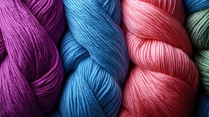A close-up view of vibrant skeins of purple, blue, and pink yarns, showcasing texture and color, perfect for arts and crafts enthusiasts and textile artists.