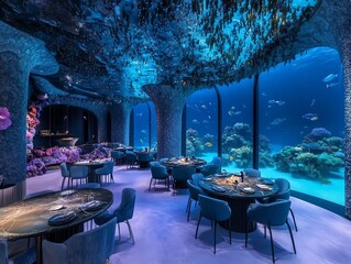 Underwater banquet, vibrant marine life swims alongside exquisite dishes, innovative lighting illuminates the feast, dreamlike ambiance