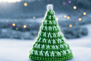 sapin en tricot vert avec fond enneigé et lumière