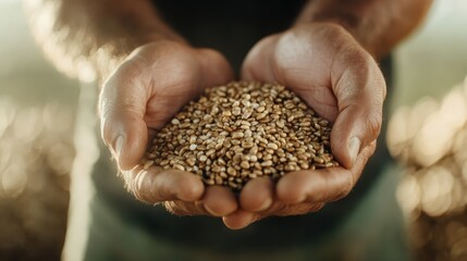 An image showing a pair of hands presenting a cluster of seeds or grains, emphasizing themes of generosity, sharing, and the organic nature of agriculture.