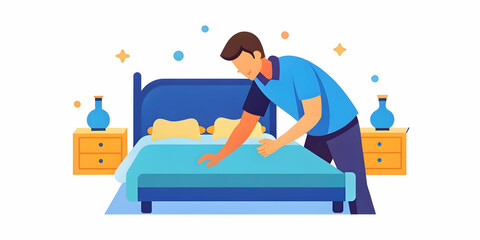 Candid Image of Person Making a Bed in a Tidy Bedroom - Ideal for Home Furnishings, Bedding Ads, and Minimalist Living Solutions | Photo Stock Concept