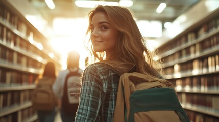 A young student with a backpack walks through a sunlit library aisle, conveying exploration and curiosity, as bookshelves stretch endlessly towards the horizon.