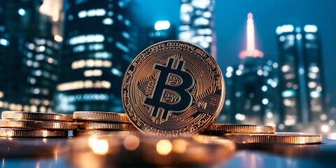 Bitcoin coin in front of city skyline