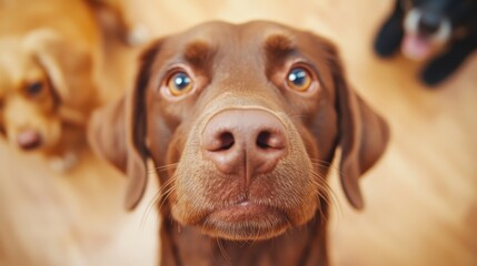 A brown dog in focus amidst other dogs, presenting an inquisitive expression with a centered perspective, exhibiting its distinct character and charms.