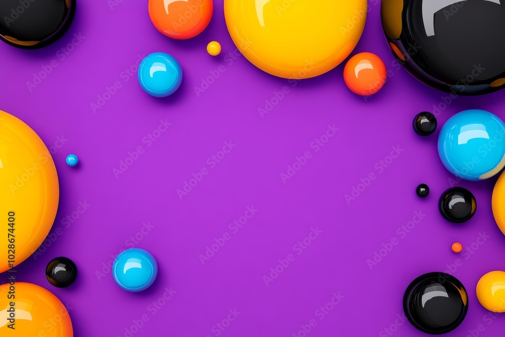 Poster colorful background with a rainbow of colors and a purple border. the background is filled with circ