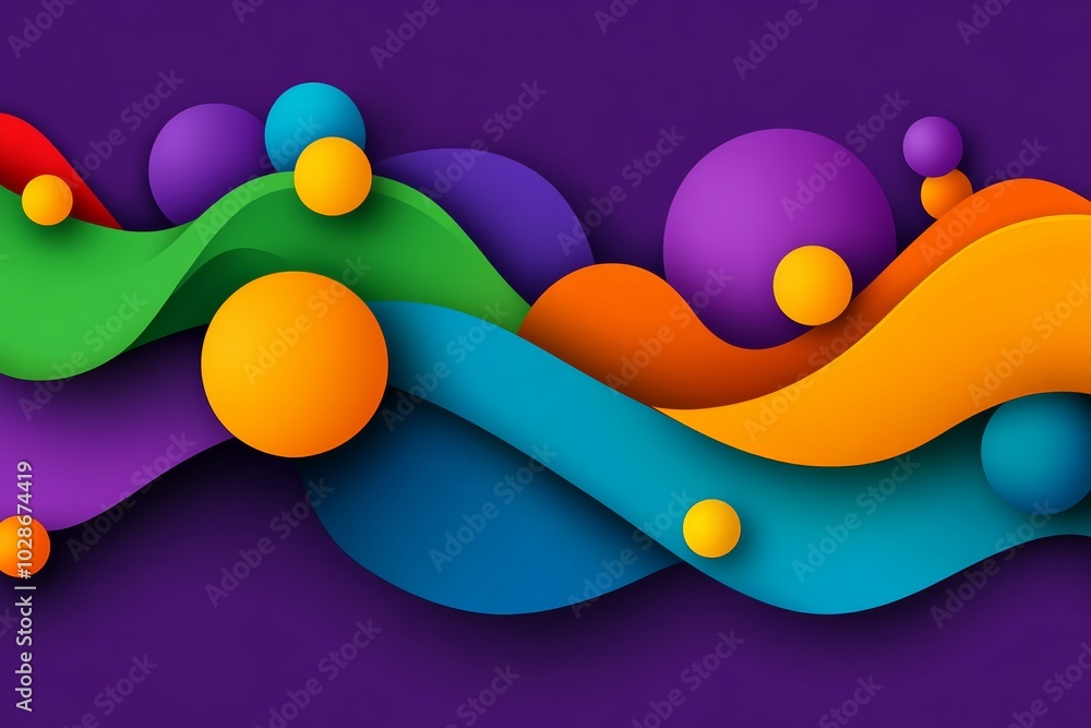 Poster colorful background with a rainbow of colors and a purple border. the background is filled with circ