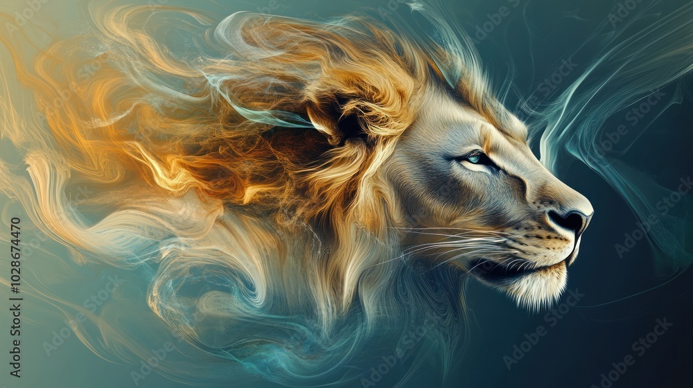 Poster abstract lion design for digital art, with fluid lines and a sense of motion, playing with transpare
