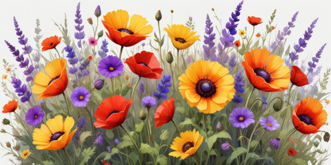 Fototapeta premium Purple, yellow and red wild flowers on a white background