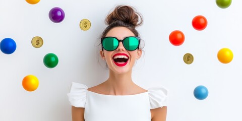 Woman wearing sunglasses and a red lip is surrounded by a bunch of colorful balls. Young woman in a trendy white dress, big sunglasses, laughing, billiard balls and dollar coins hovering around her.