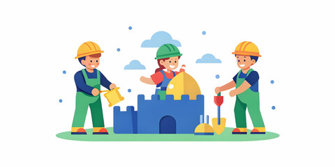 Fototapeta premium Children as Builders: Kids Dressed as Construction Workers Team Up to Build a Sandcastle on the Beach with Toy Tools in a Soft Abstract Background - Creative Collaboration in Photo Stock