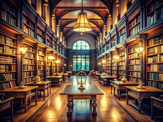 Naklejka premium Blurred Interior of a Vintage Public Library: A Dreamy Learning and Education Space Capturing the Essence of Knowledge