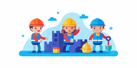 Fototapeta premium Children in Construction Attire Building Sandcastle on Beach - Collaboration and Creativity in Action Over Soft Abstract Background