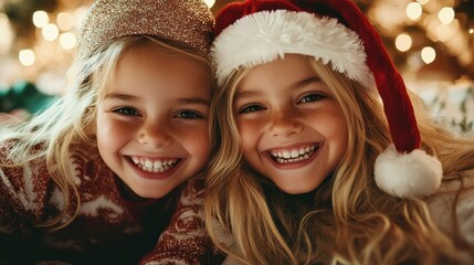 Two young girls in festive attire beam smiles among softly glowing Christmas lights, highlighting the warmth and joy of the holiday season's celebrations.