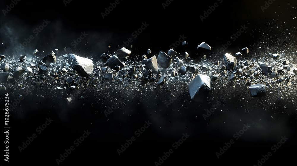 Poster abstract image of fragmented metallic particles in a dark space.
