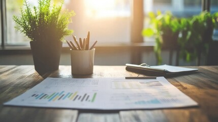 Fototapeta premium Modern Desk Setup with Financial Charts and Plants