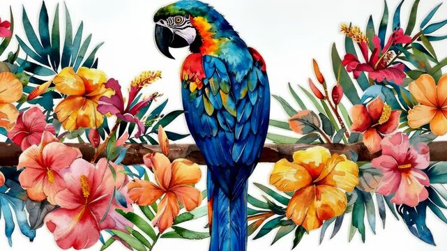 A blue and red parrot perched on a branch surrounded by colorful hibiscus flowers