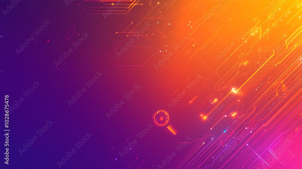 Poster abstract digital background with glowing lines and a magnifying glass in orange and purple.