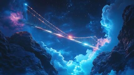A glowing bridge suspended in mid-air, stretching between two parallel worlds--one of surreal dreamscapes and another of futuristic, digital reality