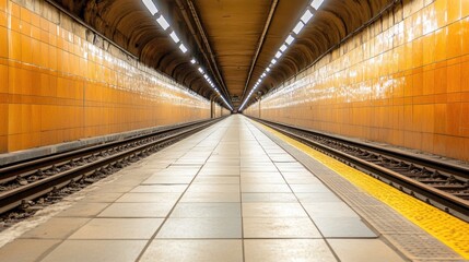 Obraz premium Empty subway platform with illuminated tunnel, perspective view. Concrete floor.