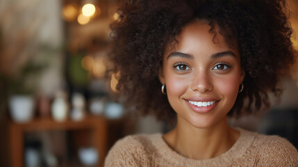 portrait of stylish female with curly Afro hairstyle and dark skin, being satisfied to achieve great success in life, poses indoor.