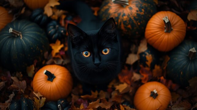 Black cat sitting among pumpkins and fall leaves, surrounded by Halloween decorations