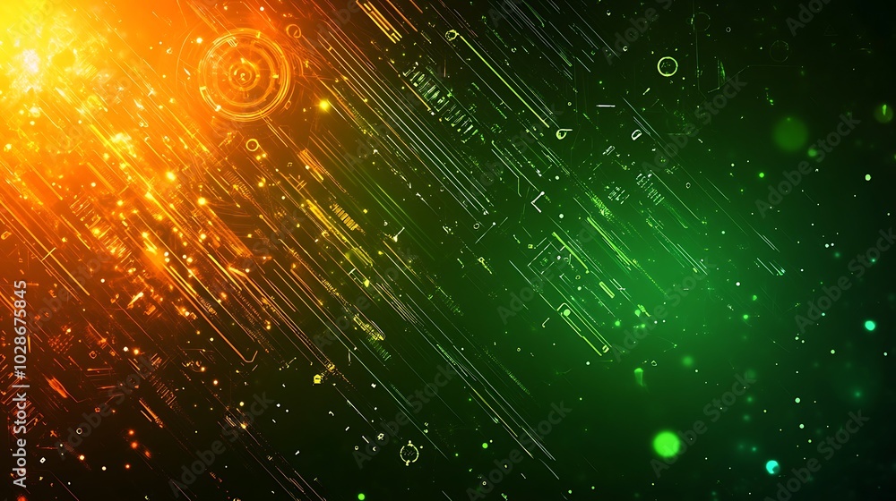 Poster abstract digital background with glowing lines and circles in orange and green hues.