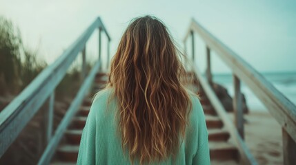 A serene scene captures a woman walking down a wooden path toward a tranquil beach, highlighting a relaxing ocean view that emphasizes peace and contemplation.