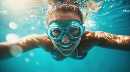 Naklejka premium An engaging underwater photograph of a young woman swimming with energy and a wide smile, encapsulating the vibrant and playful elements of aquatic exploration.