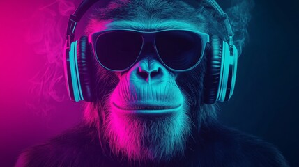 Cool neon party dj monkey in headphones and sunglasses