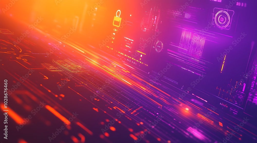Poster Abstract digital background with glowing lines and interface elements in orange and purple colors.