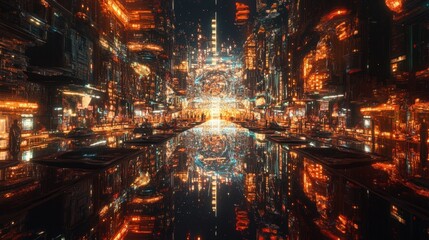 Fototapeta premium A mirror standing in a busy cosmic city, reflecting an infinite number of parallel worlds--each one stranger and more surreal than the last 