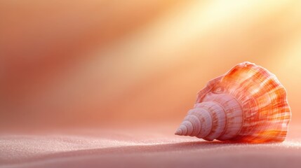 A beautifully detailed orange seashell rests on soft sand, lit by gentle sunlight, creating a peaceful and serene beach atmosphere, perfect for relaxation.