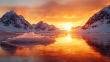 Fototapeta premium An ice-capped iceberg floats in a pristine body of water, set against a vibrant and colorful sunset, captured with striking contrast and reflection.