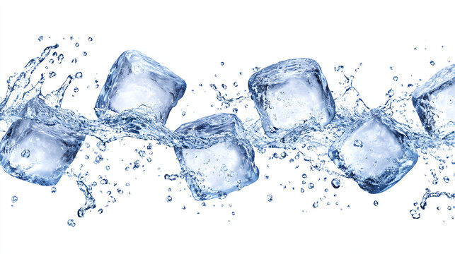 Dynamic Floating Ice Cubes Above a Clean White Background Surrounded by Energetic Water Splashes in a Sleek PNG Format
