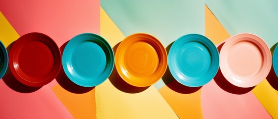 Vibrant overhead shot of colorful plates casting shadows against a bold, geometric background, creating a lively and playful visual treat.