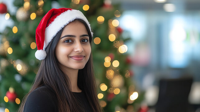 Smiling Indian businesswoman in a Santa hat near a Christmas tree in the office - Powered by Adobe