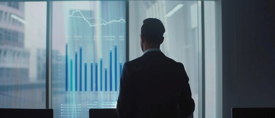 Silhouetted in executive office, a man gazes at glowing financial graphs on a window, contemplating market trends with a futuristic view of the cityscape.