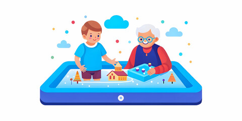 Close-Up of a Futuristic Augmented Reality Sandbox: Young Child and Grandmother Creating Virtual Landscapes Together - Macro Shot Highlighting Interactive Play in High-Tech AR Concept