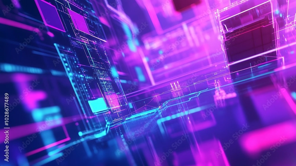 Poster abstract digital background with glowing lines and shapes in pink and blue colors.