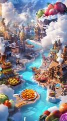 Fototapeta premium Fantasy city with river and food