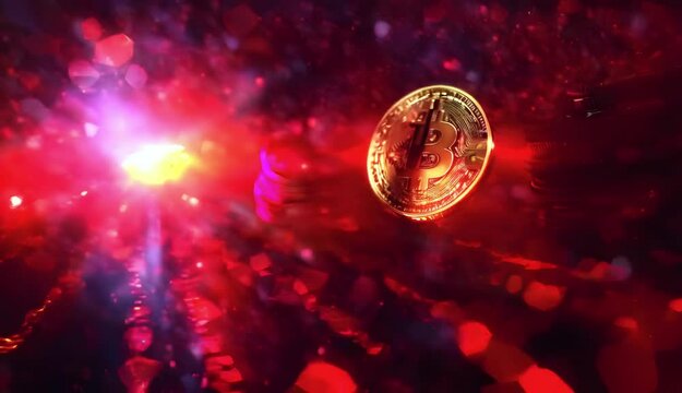Cryptocurrency coins against tech binary abstract background.