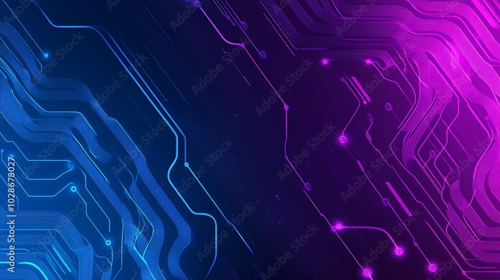 Poster abstract digital background with glowing lines in blue and pink colors.