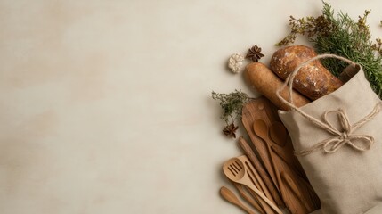 A rustic setting featuring freshly baked bread and wooden utensils in a linen bag, surrounded by herbs and spices on a vintage wooden table, evoking warmth and comfort.